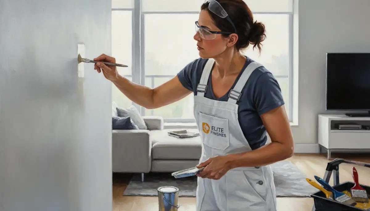 Painter applying touch-up paint on interior wall in Brandon, FL for Brandon Paint Pros